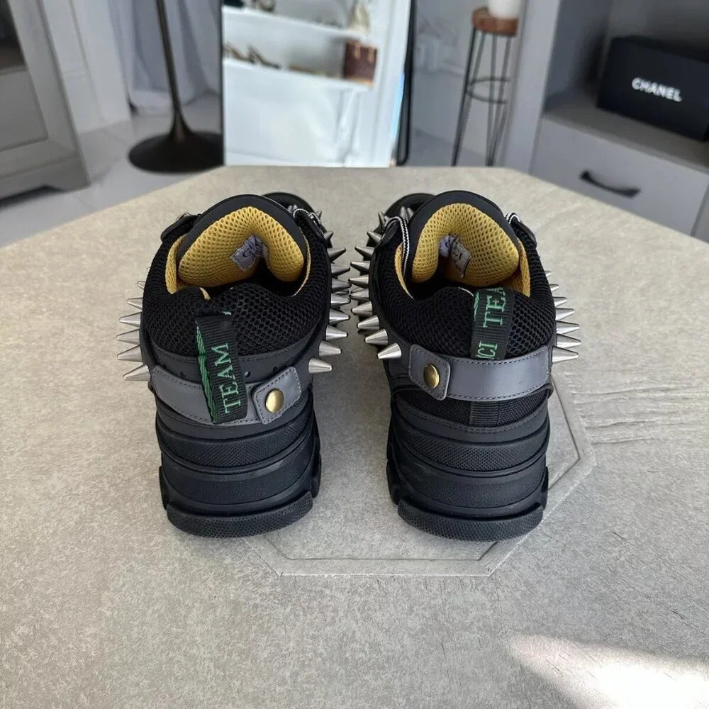 GUCCI Size 8.5 Black Flashtrek Spikes Canvas Leather Trim Sneakers
